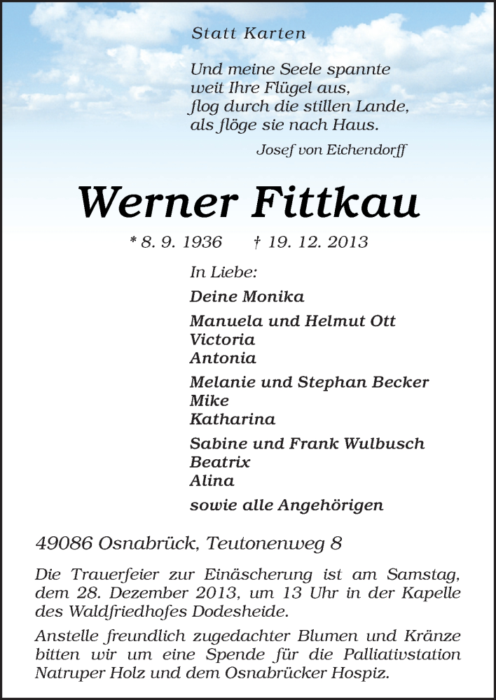  Traueranzeige für Werner Fittkau vom 21.12.2013 aus Neue Osnabrücker Zeitung GmbH & Co. KG