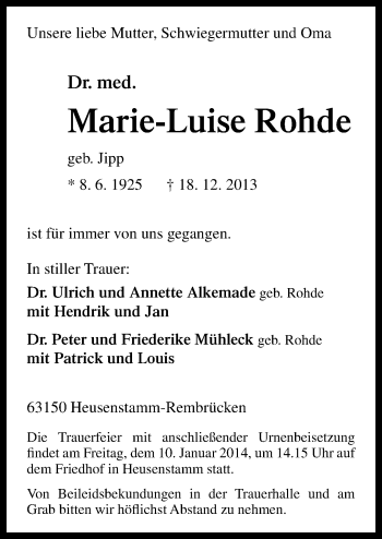 Traueranzeige von Marie-Luise Rohde von Neue Osnabrücker Zeitung GmbH & Co. KG
