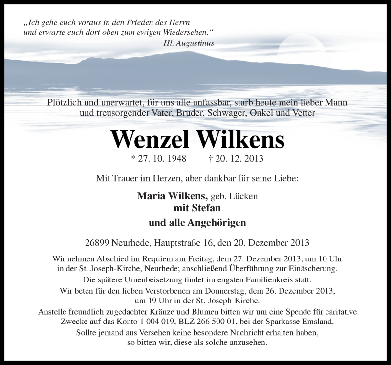  Traueranzeige für Wenzel Wilkens vom 23.12.2013 aus Neue Osnabrücker Zeitung GmbH & Co. KG