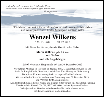 Traueranzeige von Wenzel Wilkens von Neue Osnabrücker Zeitung GmbH & Co. KG