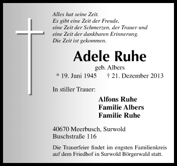 Traueranzeige von Adele Ruhe von Neue Osnabrücker Zeitung GmbH & Co. KG
