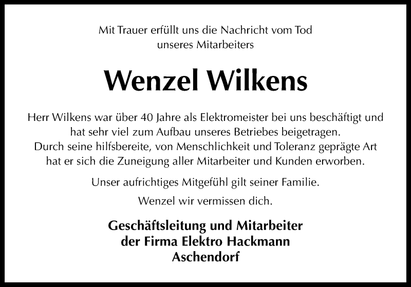  Traueranzeige für Wenzel Wilkens vom 24.12.2013 aus Neue Osnabrücker Zeitung GmbH & Co. KG