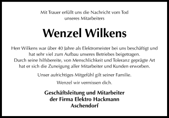 Traueranzeige von Wenzel Wilkens von Neue Osnabrücker Zeitung GmbH & Co. KG