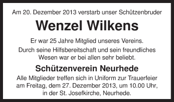 Traueranzeige von Wenzel Wilkens von Neue Osnabrücker Zeitung GmbH & Co. KG