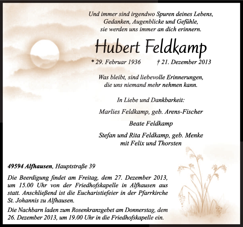  Traueranzeige für Hubert Feldkamp vom 24.12.2013 aus Neue Osnabrücker Zeitung GmbH & Co. KG