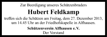 Traueranzeige von Hubert Feldkamp von Neue Osnabrücker Zeitung GmbH & Co. KG