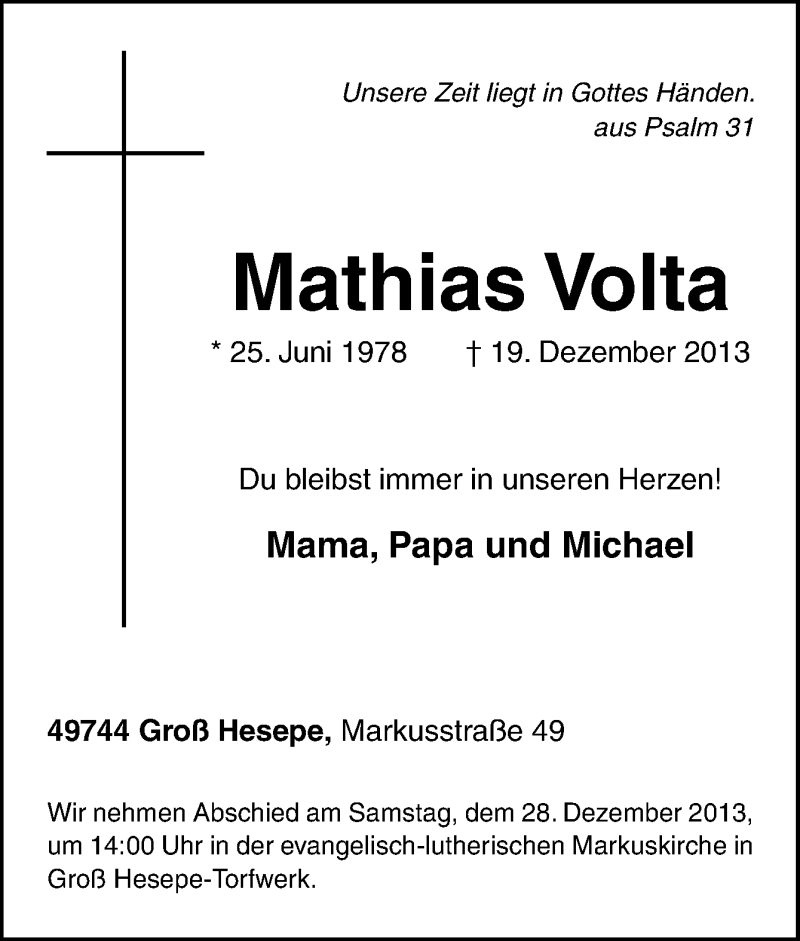  Traueranzeige für Mathias Volta vom 24.12.2013 aus Neue Osnabrücker Zeitung GmbH & Co. KG