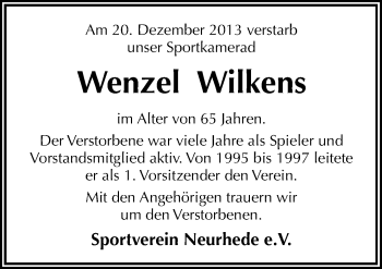 Traueranzeige von Wenzel Wilkens von Neue Osnabrücker Zeitung GmbH & Co. KG