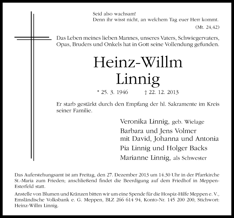  Traueranzeige für Heinz-Willm Linnig vom 27.12.2013 aus Neue Osnabrücker Zeitung GmbH & Co. KG