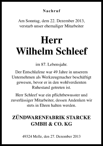 Traueranzeige von Wilhelm Schleef von Neue Osnabrücker Zeitung GmbH & Co. KG