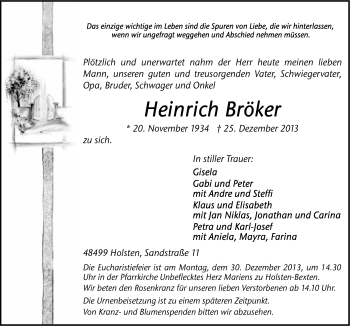 Traueranzeige von Heinrich Bröker von Neue Osnabrücker Zeitung GmbH & Co. KG