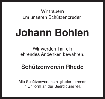 Traueranzeige von Johann Bohlen von Neue Osnabrücker Zeitung GmbH & Co. KG