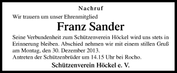 Traueranzeige von Franz Sander von Neue Osnabrücker Zeitung GmbH & Co. KG