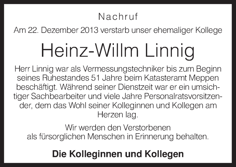  Traueranzeige für Heinz-Willm Linnig vom 30.12.2013 aus Neue Osnabrücker Zeitung GmbH & Co. KG