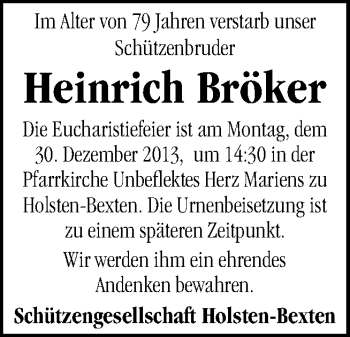 Traueranzeige von Heinrich Bröker von Neue Osnabrücker Zeitung GmbH & Co. KG