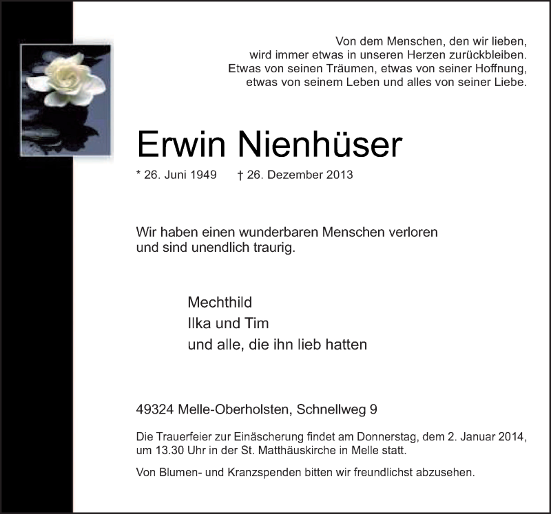  Traueranzeige für Erwin Nienhüser vom 30.12.2013 aus Neue Osnabrücker Zeitung GmbH & Co. KG