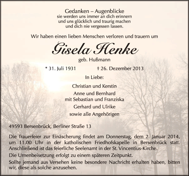  Traueranzeige für Gisela Henke vom 30.12.2013 aus Neue Osnabrücker Zeitung GmbH & Co. KG