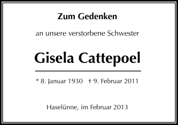Traueranzeige von Gisela Cattepoel von Neue Osnabrücker Zeitung GmbH & Co. KG