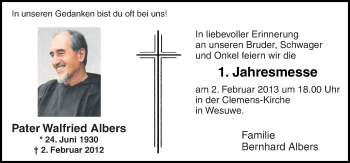 Traueranzeige von Walfried Albers von Neue Osnabrücker Zeitung