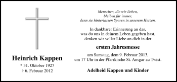 Traueranzeige von Heinrich Kappen von Neue Osnabrücker Zeitung GmbH & Co. KG