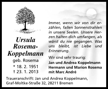 Traueranzeige von Ursula Rosema-Koppelmann von Neue Osnabrücker Zeitung GmbH & Co. KG