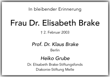 Traueranzeige von Elisabeth Brake von Neue Osnabrücker Zeitung GmbH & Co. KG