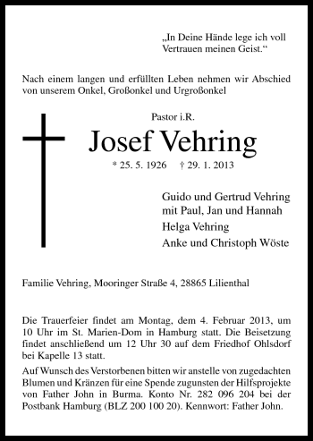 Traueranzeige von Josef Vehring von Neue Osnabrücker Zeitung GmbH & Co. KG