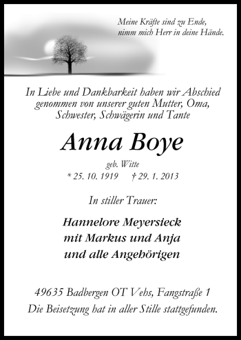 Traueranzeige von Anna Boye von Neue Osnabrücker Zeitung GmbH & Co. KG