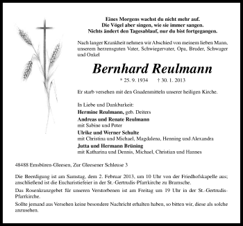 Traueranzeige von Bernhard Reulmann von Neue Osnabrücker Zeitung