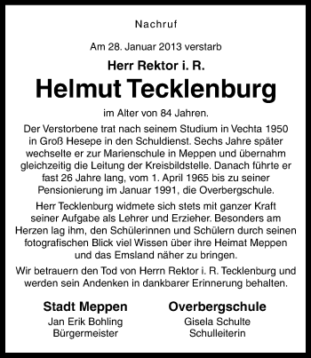 Traueranzeige von Helmut Tecklenburg von Neue Osnabrücker Zeitung