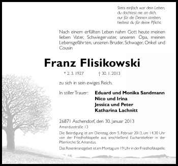 Traueranzeige von Franz Flisikowski von Neue Osnabrücker Zeitung