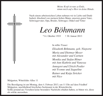 Traueranzeige von Leo Böhmann von Neue Osnabrücker Zeitung