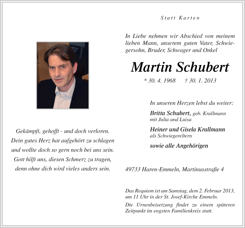  Traueranzeige für Martin Schubert vom 01.02.2013 aus Neue Osnabrücker Zeitung