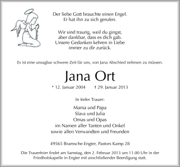 Traueranzeige von Jana Ort von Neue Osnabrücker Zeitung GmbH & Co. KG