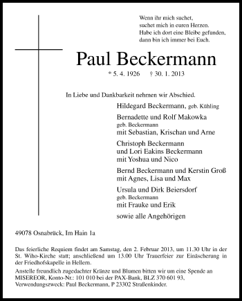Traueranzeige von Paul Beckermann von Neue Osnabrücker Zeitung