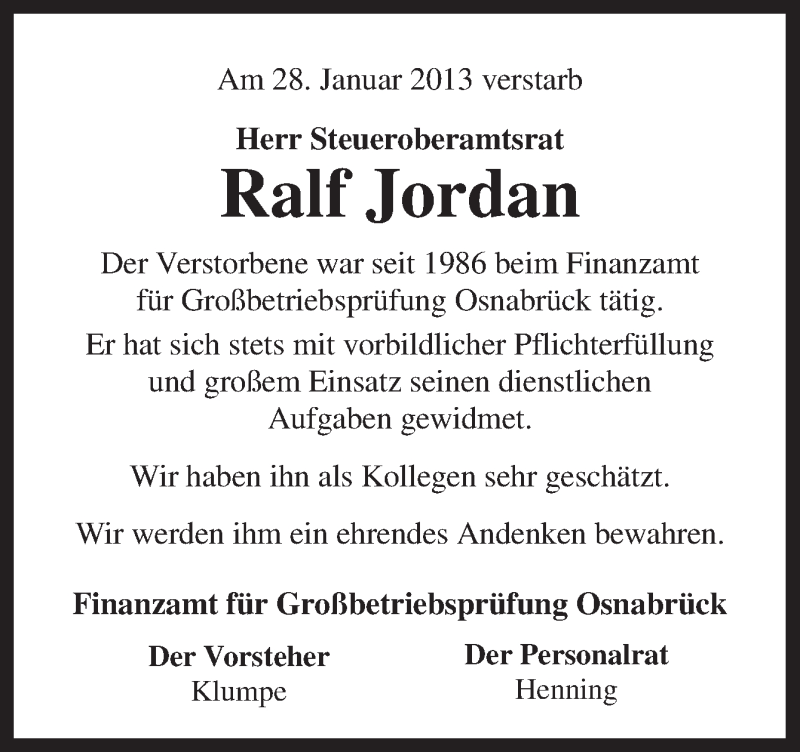  Traueranzeige für Ralf Jordan vom 01.02.2013 aus Neue Osnabrücker Zeitung