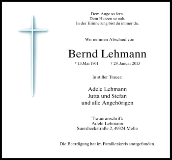Traueranzeige von Bernd Lehmann von Neue Osnabrücker Zeitung GmbH & Co. KG