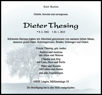 Traueranzeige von Dieter Thesing von Neue Osnabrücker Zeitung GmbH & Co. KG