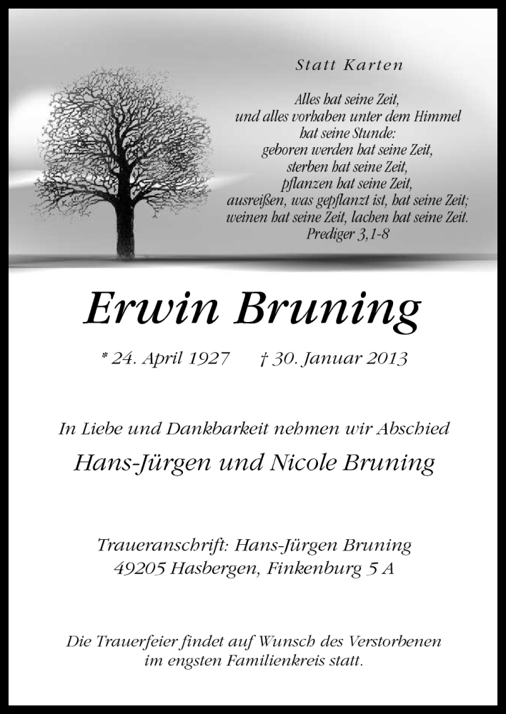  Traueranzeige für Erwin Bruning vom 02.02.2013 aus Neue Osnabrücker Zeitung GmbH & Co. KG