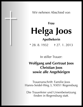 Traueranzeige von Helga Joos von Neue Osnabrücker Zeitung GmbH & Co. KG