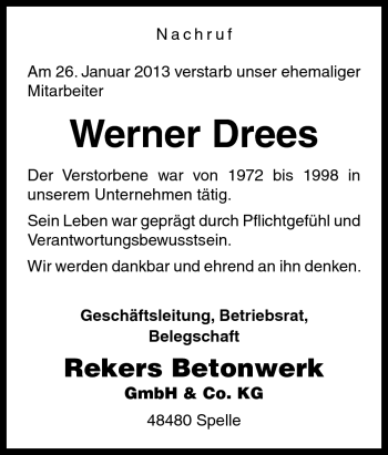 Traueranzeige von Werner Drees von Neue Osnabrücker Zeitung GmbH & Co. KG