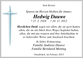 Traueranzeige von Hedwig Dauwe von Neue Osnabrücker Zeitung GmbH & Co. KG