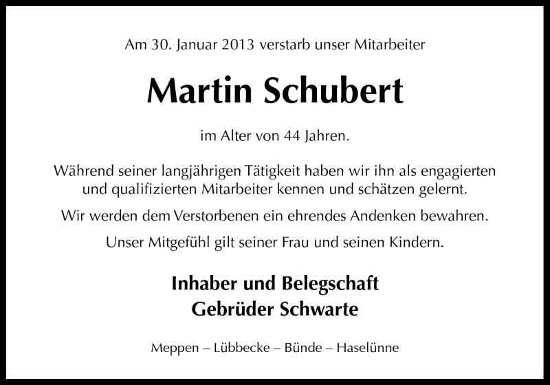  Traueranzeige für Martin Schubert vom 02.02.2013 aus Neue Osnabrücker Zeitung GmbH & Co. KG