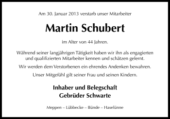 Traueranzeige von Martin Schubert von Neue Osnabrücker Zeitung GmbH & Co. KG