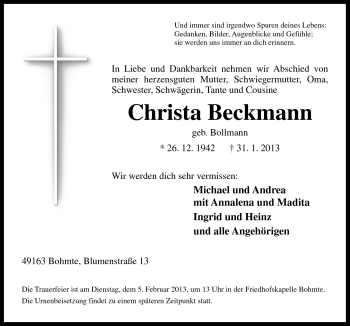 Traueranzeige von Christa Beckmann von Neue Osnabrücker Zeitung GmbH & Co. KG
