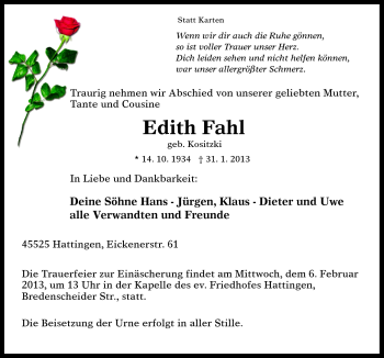 Traueranzeige von Edith Fahl von Neue Osnabrücker Zeitung GmbH & Co. KG