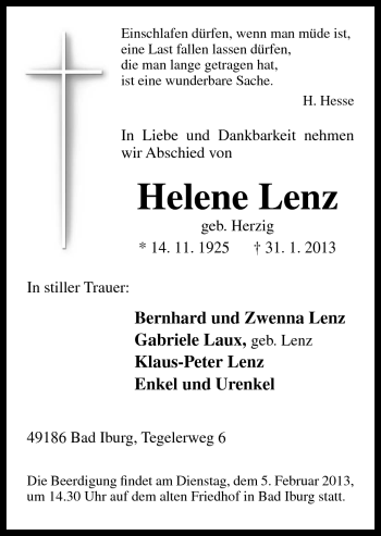 Traueranzeige von Helene Lenz von Neue Osnabrücker Zeitung GmbH & Co. KG