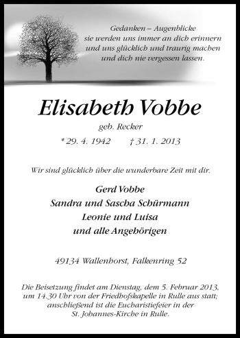 Traueranzeige von Elisabeth Vobbe von Neue Osnabrücker Zeitung GmbH & Co. KG