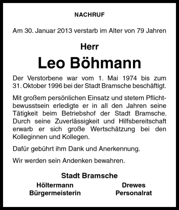 Traueranzeige von Leo Böhmann von Neue Osnabrücker Zeitung GmbH & Co. KG