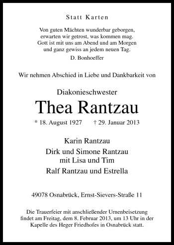 Traueranzeige von Thea Rantzau von Neue Osnabrücker Zeitung GmbH & Co. KG